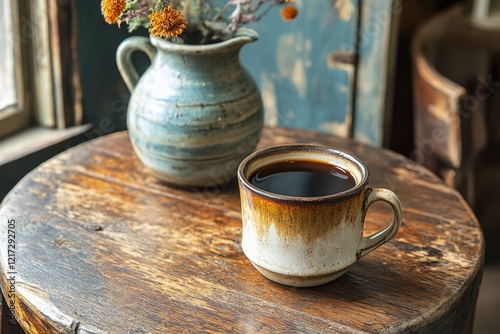 Warm cup of coffee on wooden table next to a pottery pitcher with flowers in ...