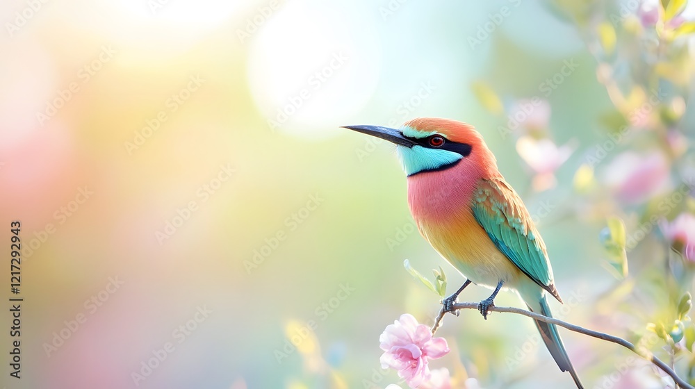 Fototapeta premium Colorful bird perched on a branch against a blurred background in a natural setting. Generative AI