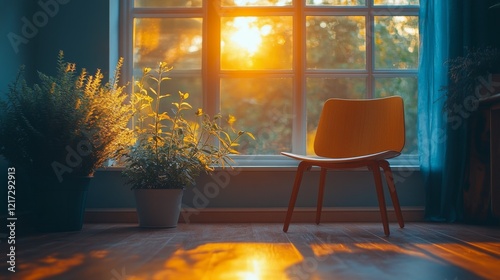 Brightly lit empty room with vintage chair near window showcasing shadows and...