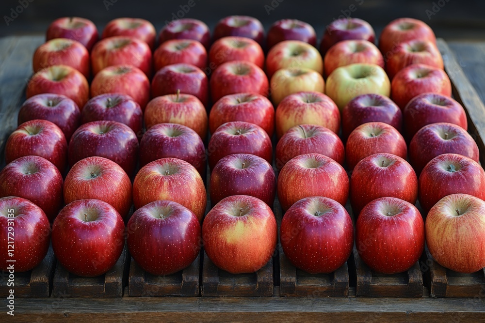 Fresh red apples arranged neatly on a rustic wooden crate in a market setting Fresh red apples arranged neatly on a rustic wooden crate in a market setting