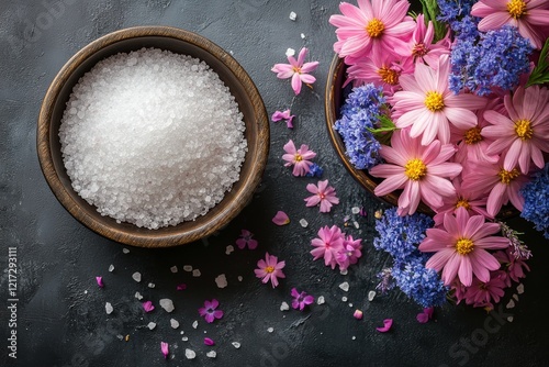 Brightly colored flowers and coarse salt in rustic wooden bowls on a dark sur...
