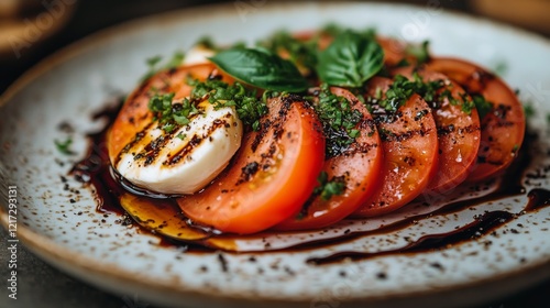 Fresh caprese salad with basil leaves and balsamic glaze in natural setting