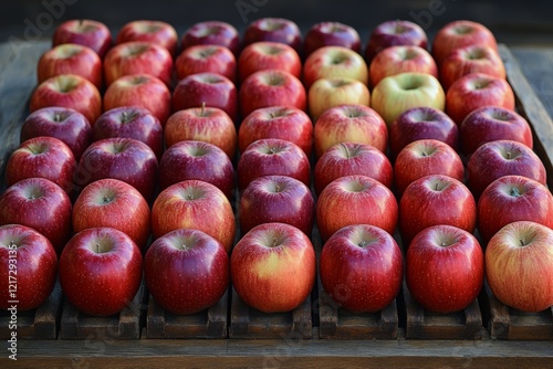 Fresh red apples arranged neatly on a rustic wooden crate in a market setting