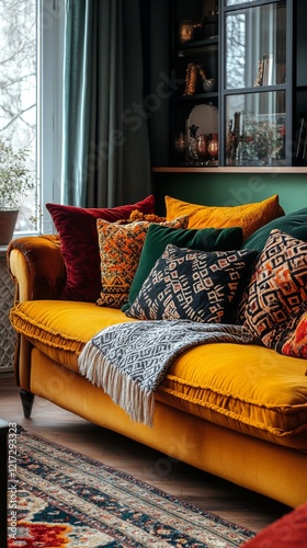 Cozy living room with colorful pillows on a stylish sofa surrounded by indoor...