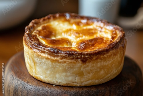 Savory meat pie resting on wooden surface surrounded by rustic decor
