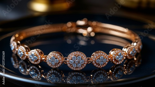 Elegant gold bracelet with gemstones displayed on a reflective surface with w...
