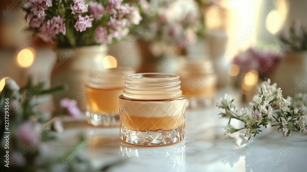 Elegant glass jar of skincare product on a marble countertop with floral arrangements in a bright space Elegant glass jar of skincare product on a marble countertop with floral arrangements in a bright space