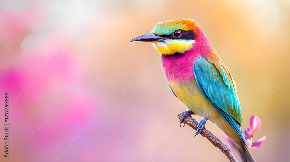 Fototapeta premium Colorful bird perched on a branch against a blurred background in a natural setting. Generative AI