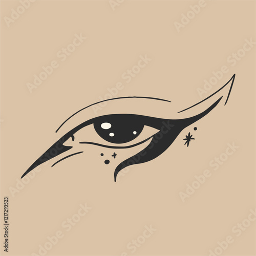 Creative makeup. Beautiful female eyes with fancy arrows. Cartoon eyes. Hand drawn illustration. Logo template, beauty and fashion. Modern makeup.