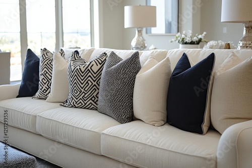Stylish sofa adorned with colorful cushions in a modern living room setting
