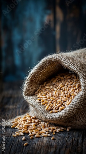 Burlap sack filled with grains on rustic wooden surface in a dimly lit setting