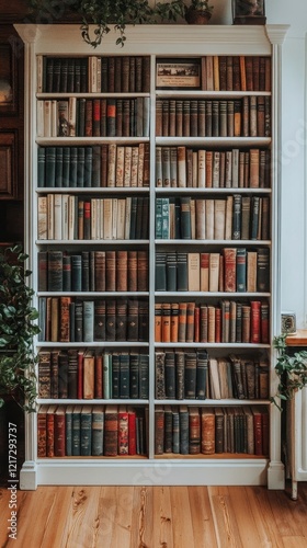 Classic bookshelf filled with vintage books and plants in a cozy interior space