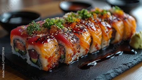 Colorful sushi platter showcasing a variety of rolls and sashimi at a Japanes...