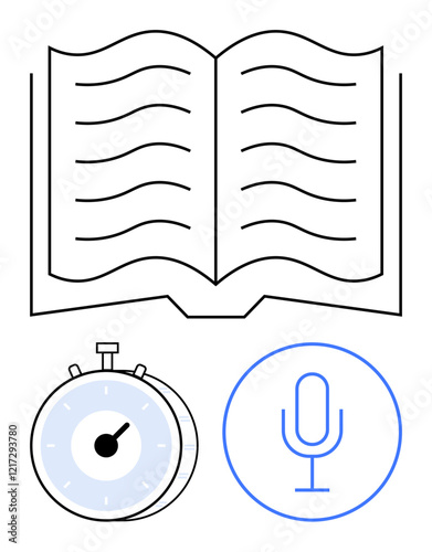 Open book with lines, stopwatch with blue circle, and microphone in blue outline. Ideal for education, time management, communication, audiobook creation, storytelling, literacy abstract line flat