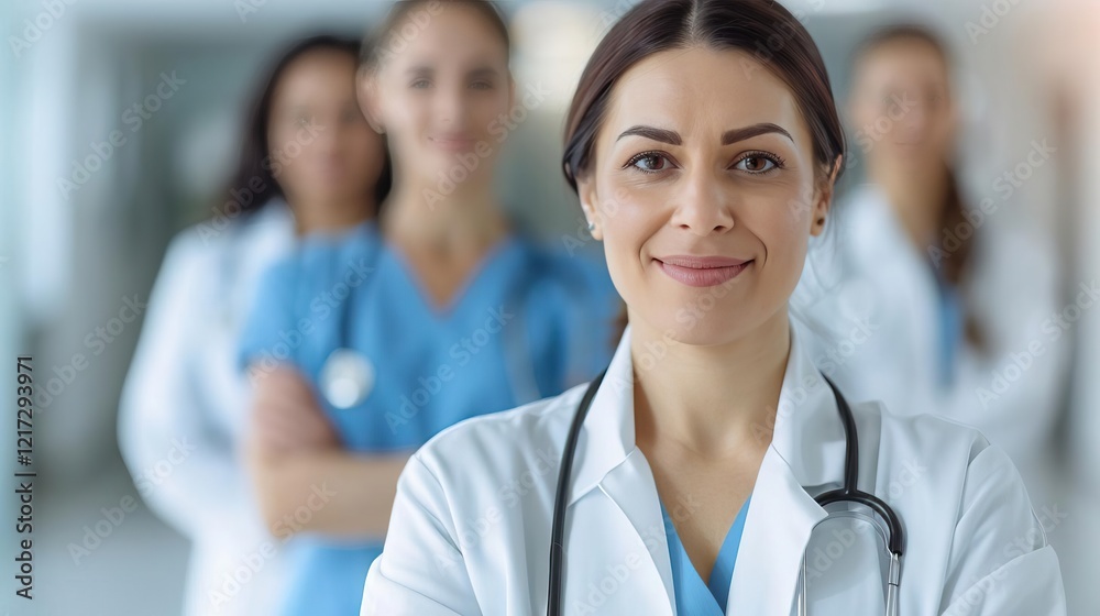 A confident female doctor stands in front of colleagues, embodying professionalism and teamwork in a clinical setting. A confident female doctor stands in front of colleagues, embodying professionalism and teamwork in a clinical setting.