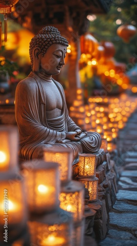 Serene Buddha statue surrounded by glowing lanterns in tranquil setting at dusk