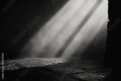 Light rays stream through an open door creating a dramatic contrast in a dark...