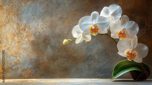White orchids in elegant display with soft lighting on textured background