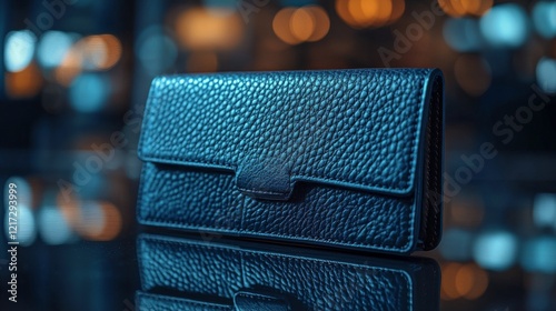 Elegant leather wallet displayed in stylish setting with soft blue lighting