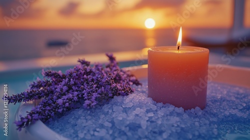 Relaxing sunset ambiance with candle and lavender by the sea