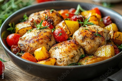 Delicious roasted chicken with colorful vegetables and herbs prepared in a co...