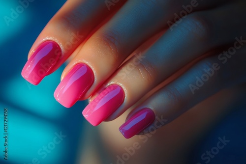 Bright pink nails shine in neon light showcasing creativity and style in an a...
