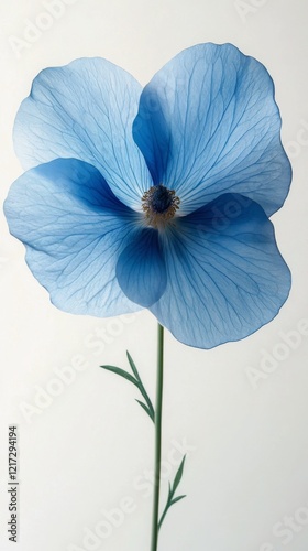 Beautiful blue flower with delicate petals and slender green stem against a l...