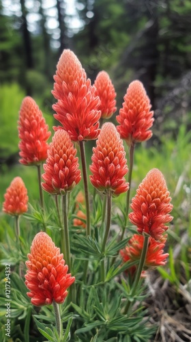 Bright pink wildflowers bloom in a lush green field under a cloudy sky