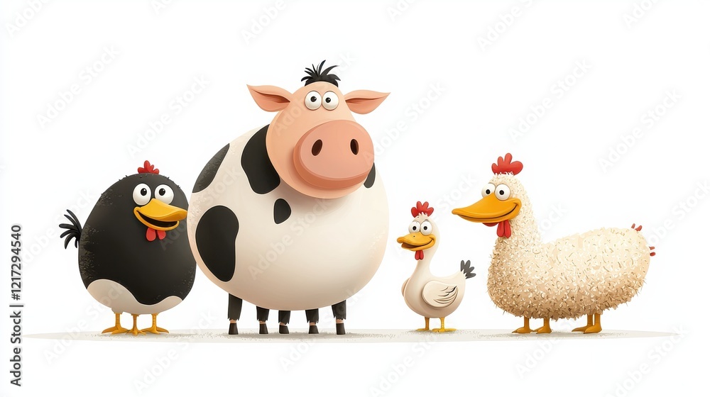 Naklejka premium Farm animal icons cow pig chicken sheep and horse - playful illustrations in a whimsical setting