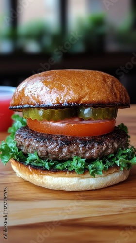 Freshly prepared cheeseburger with lettuce and tomatoes served on a wooden table