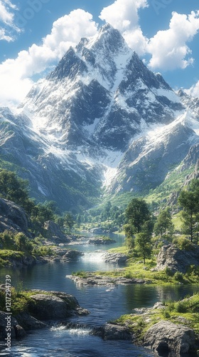 Scenic mountain valley with a flowing river under a bright sky and majestic p...