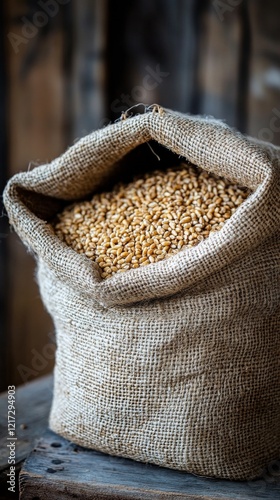 Burlap sack filled with grains on rustic wooden surface in a dimly lit setting