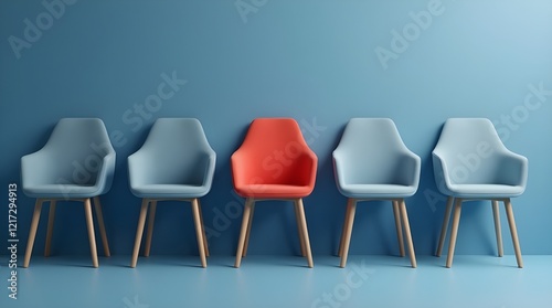 Red chair stands out in a row of blue chairs, emphasizing individuality and modernity. The scene showcases minimalist design with harmonious colors and stylish furniture arrangement.