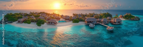 From the air, the sight of a sunrise enhances the view of a coastal beach and a series of resort bungalows, all rimmed by the vast Indian Ocean, in Kuredu, Lhaviyani Atoll, Maldives