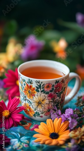 Brightly colored tea cup surrounded by vibrant flowers on a sunny afternoon