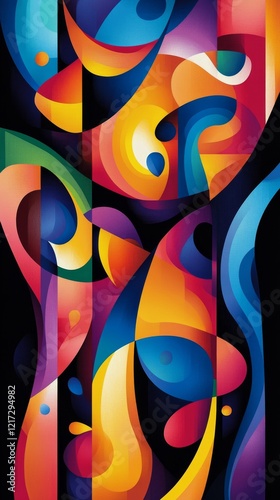 Colorful abstract artwork featuring vibrant swirls and shapes on a dark backg...