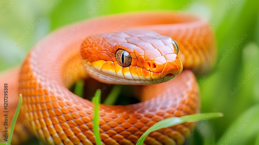 Fototapeta premium Captivating close-up of a vibrant snake resting on green grass in a natural habitat during daylight hours. Generative AI