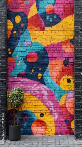 Colorful street art merges vibrant patterns on urban brick wall with green pl...