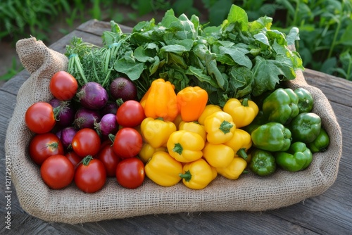 Freshly harvested vegetables in a burlap sack showcasing vibrant colors and t...