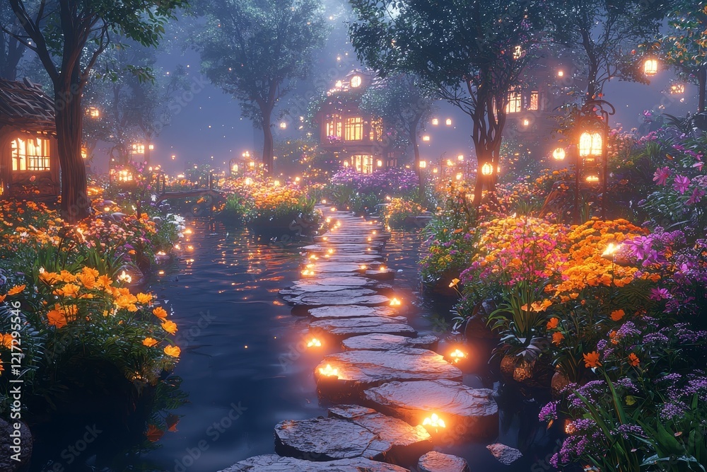 A fantasy world illustration showcasing a serene, fantastical landscape with surreal features and a rich, thriving ecosystem A fantasy world illustration showcasing a serene, fantastical landscape with surreal features and a rich, thriving ecosystem
