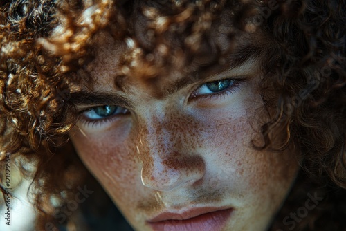 Captivating portrait of a young person with striking blue eyes and curly hair