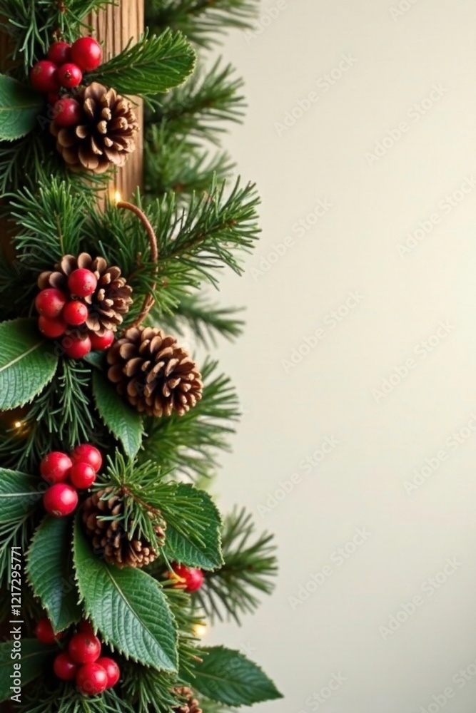 Festive garland with pinecones and holly berries wrapped around a wooden post, wooden posts, pinecones, warm Festive garland with pinecones and holly berries wrapped around a wooden post, wooden posts, pinecones, warm