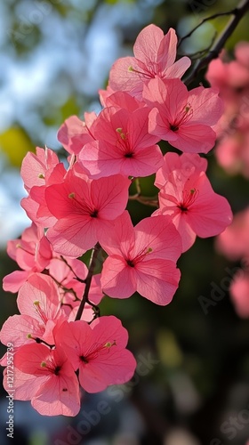 Vibrant pink flowers blooming on a branch in a sunny garden during springtime