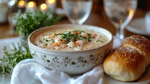 Creamy seafood chowder served with warm bread at a cozy dining setting during...