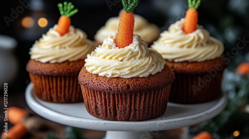 Delicious carrot cupcakes with cream cheese frosting and decorative toppings ...