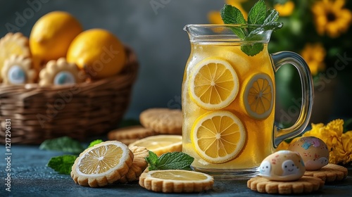 Refreshing lemonade with lemon slices and mint served with colorful cookies a...