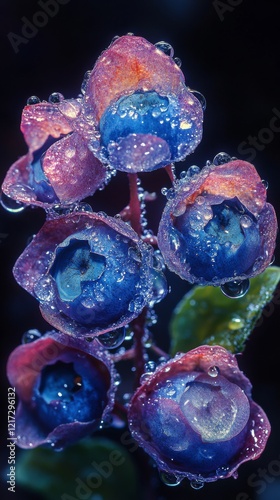 Fresh blueberries with droplets after rain in a lush green environment