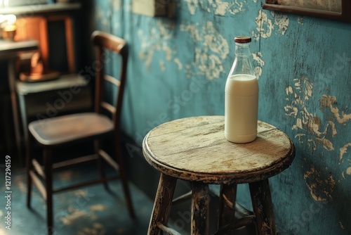 Bottle of milk on wooden table in a rustic kitchen filled with natural light ...