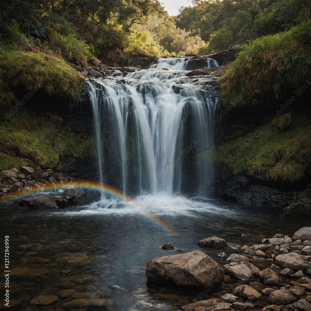 Fototapeta premium A small waterfall with a rainbow arching above.