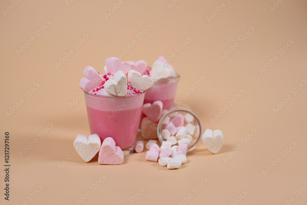 Marshmallows in Herzform in rosa und weiß, Platziert auf einem rosafarbenem Getränk mit Sahne und Zuckerstreuseln. Marshmallows in Herzform in rosa und weiß, Platziert auf einem rosafarbenem Getränk mit Sahne und Zuckerstreuseln.